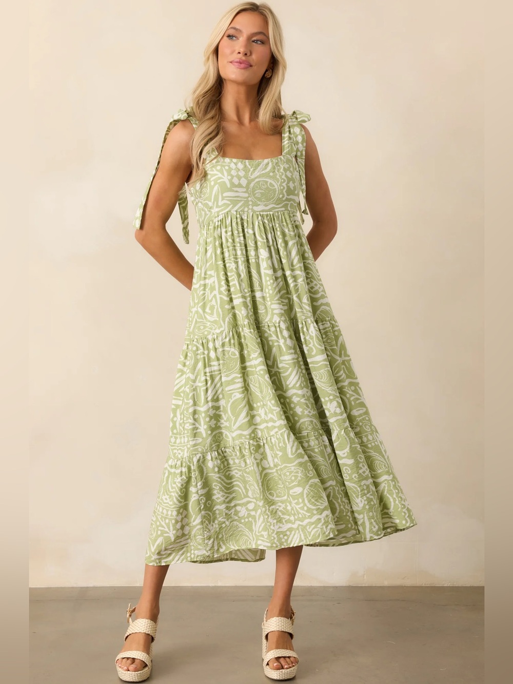 Blu Pepper midi dress bows olive tropical doodles tie straps square neck tiered